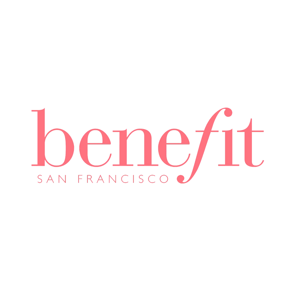 Logo « benefit » rose avec « san francisco » en texte plus petit en dessous.