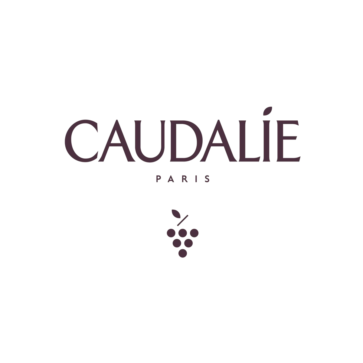 Logo Caudalie en police pixelisée violet foncé avec une icône de raisin stylisée sous le texte.