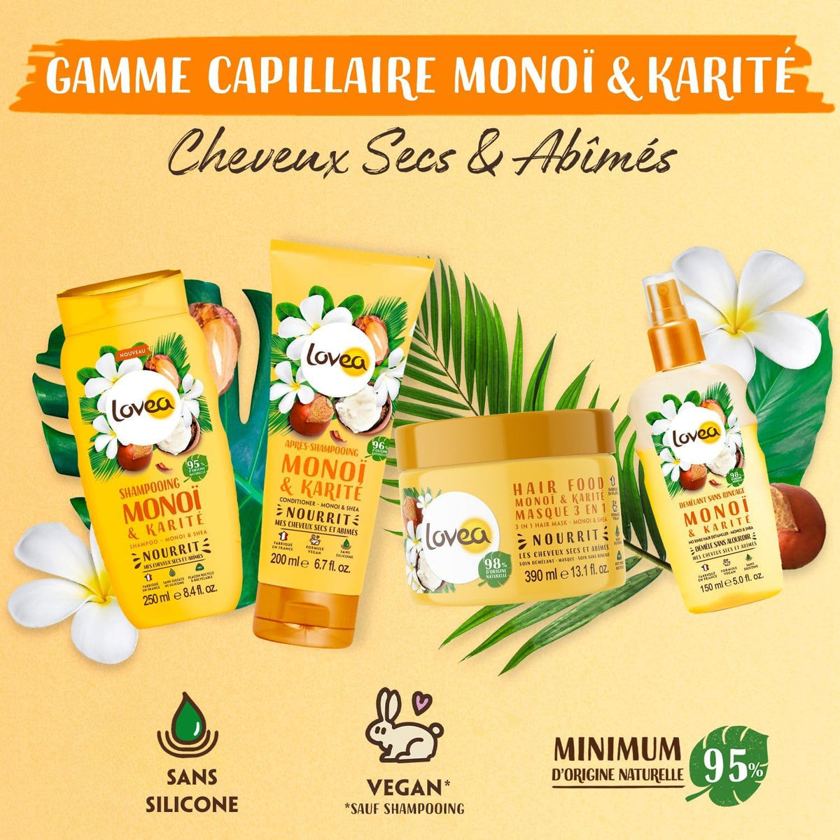 LOVEA - Shampooing Monoi, Karité & Shea - Cheveux Secs et Abîmés - 250ml