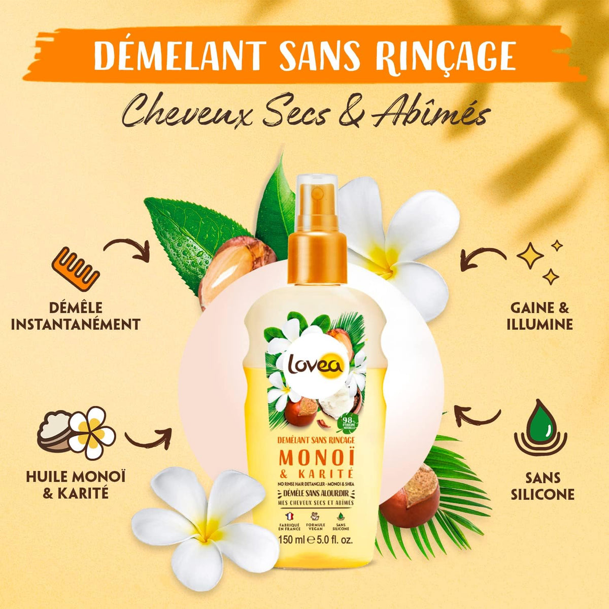 LOVEA - Spray Démêlant Monoi, Karité & Shea - Cheveux Secs et Abîmés - 150ml